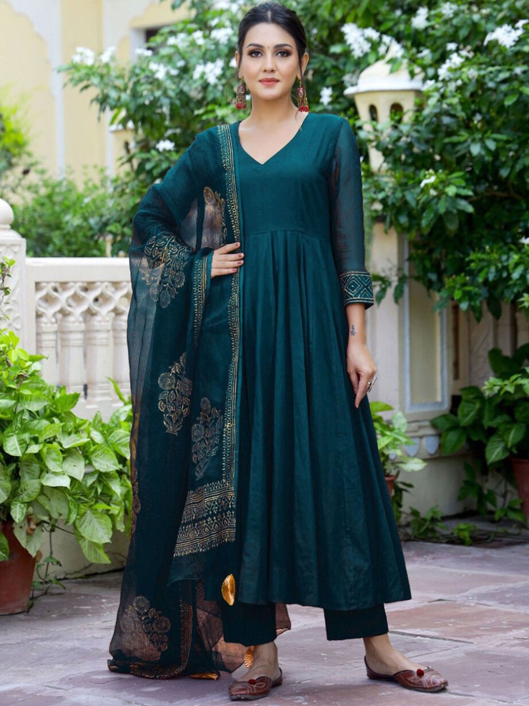 

Anni Designer V-Neck Anarkali Kurta with Trousers & With Dupatta, Green