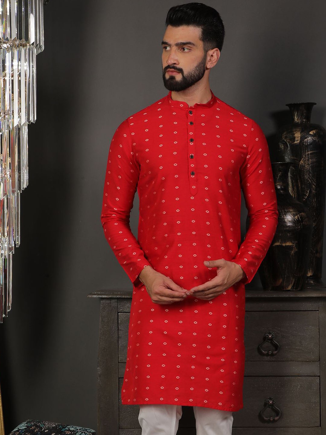 

DEYANN Geometric Woven Design Mandarin Collar Jacquard Weave Straight Kurta, Red