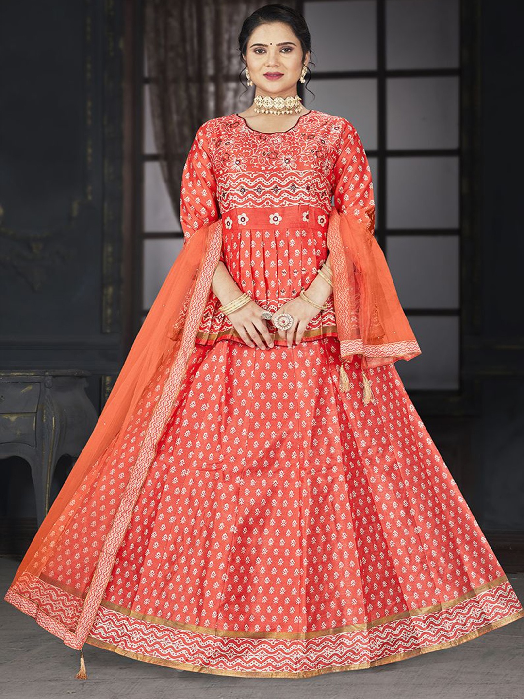 

Krimmple Printed Beads and Stones Ready to Wear Lehenga & Blouse With Dupatta, Orange