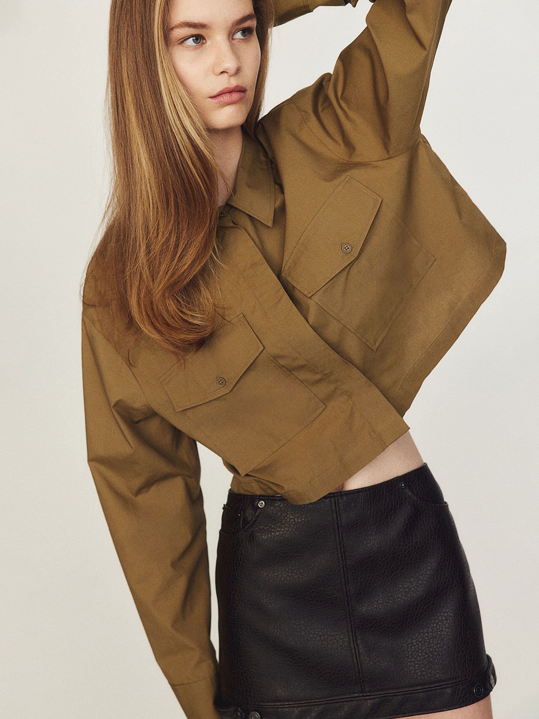 

H&M Pure Cotton Cropped Cargo Shirt, Beige