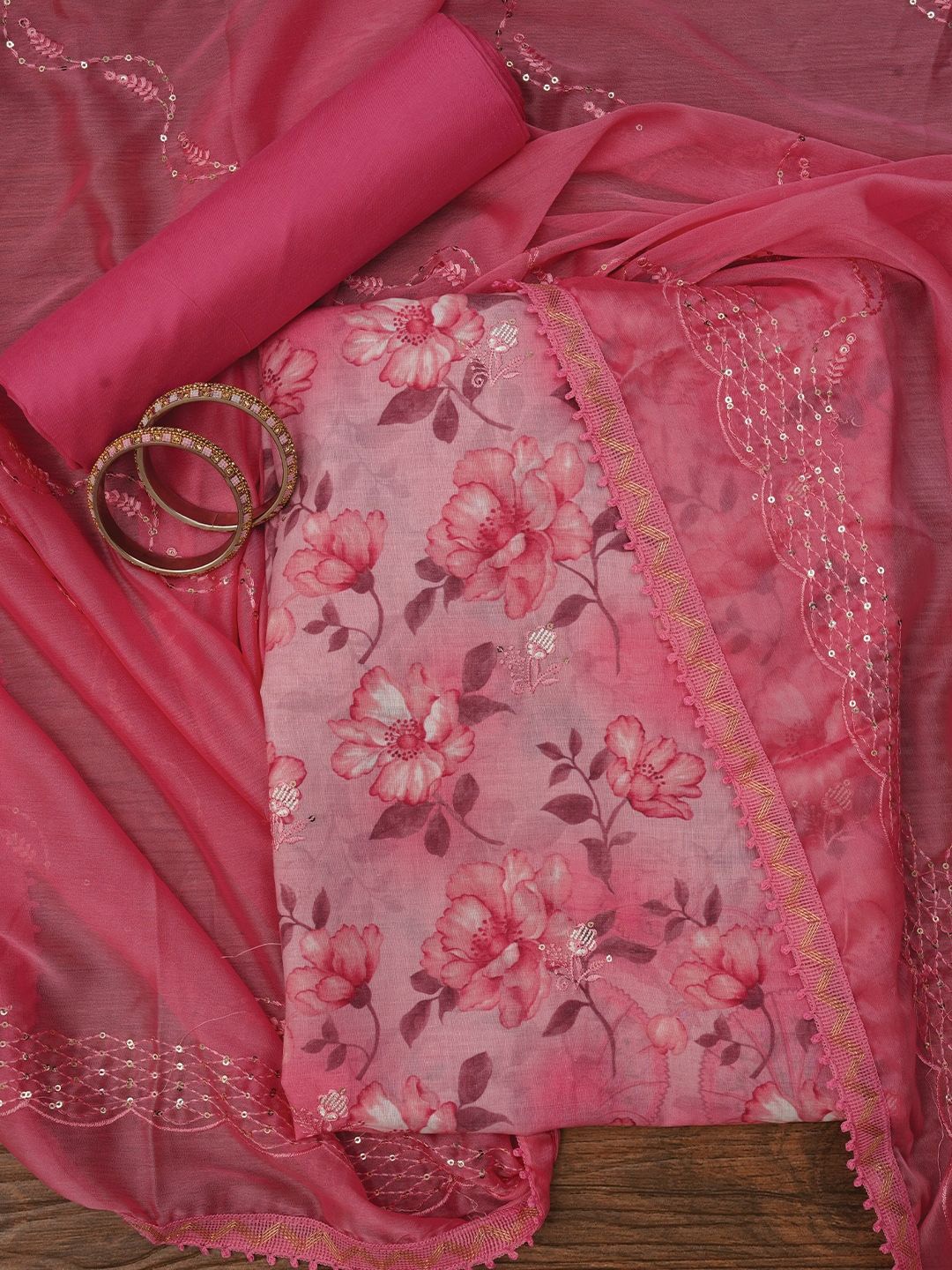 

Jaipur KurtiFloral Printed Embellished Cotton Dress Material with Dupatta, Pink