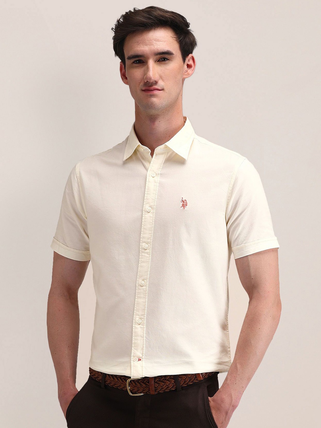 

U.S. Polo Assn. Men Modern Spread Collar Solid Cotton Slim Fit Casual Shirt, White