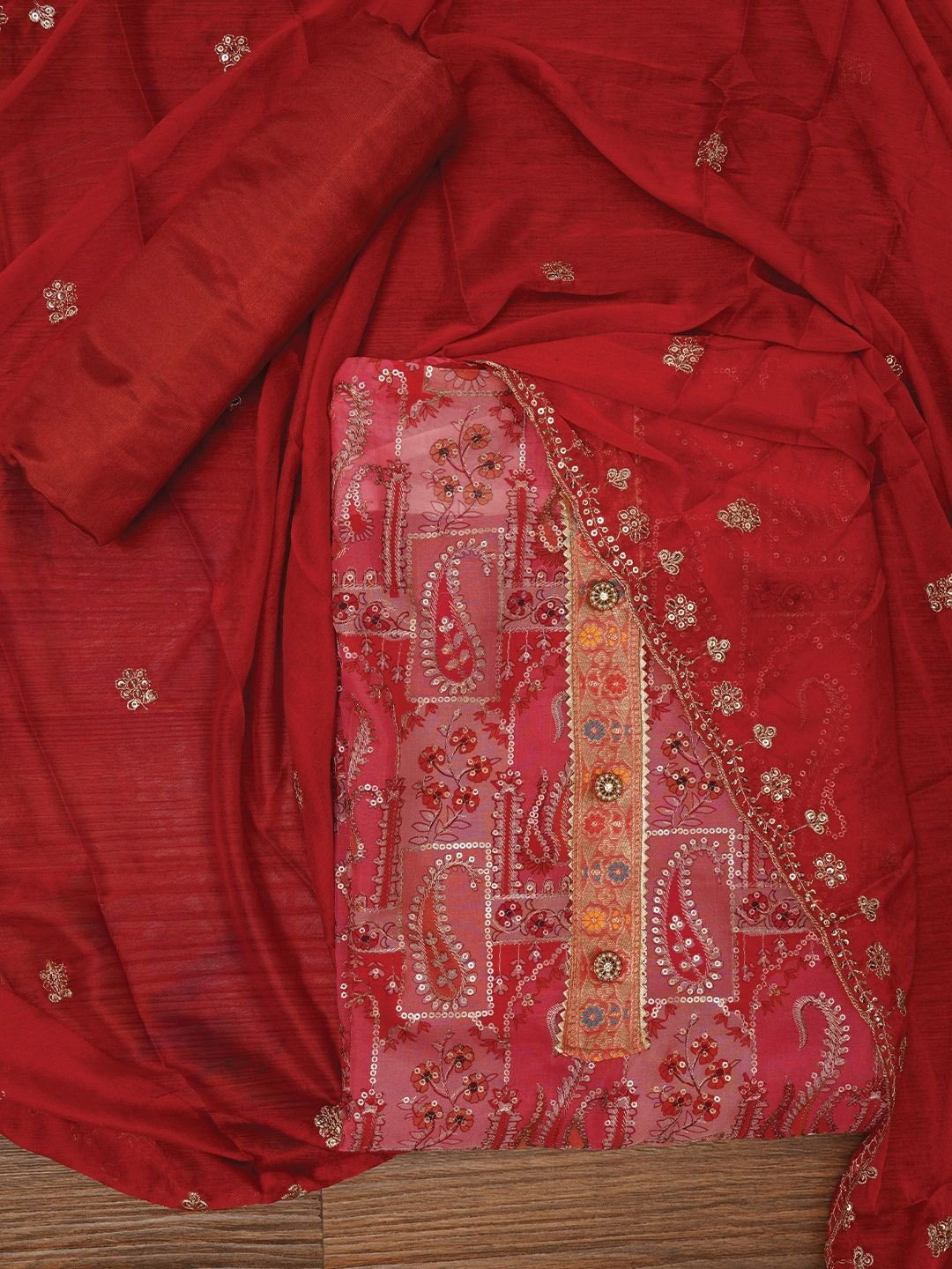 

Jaipur Kurti Sequin Embellished Organza Dress Material with Dupatta, Red