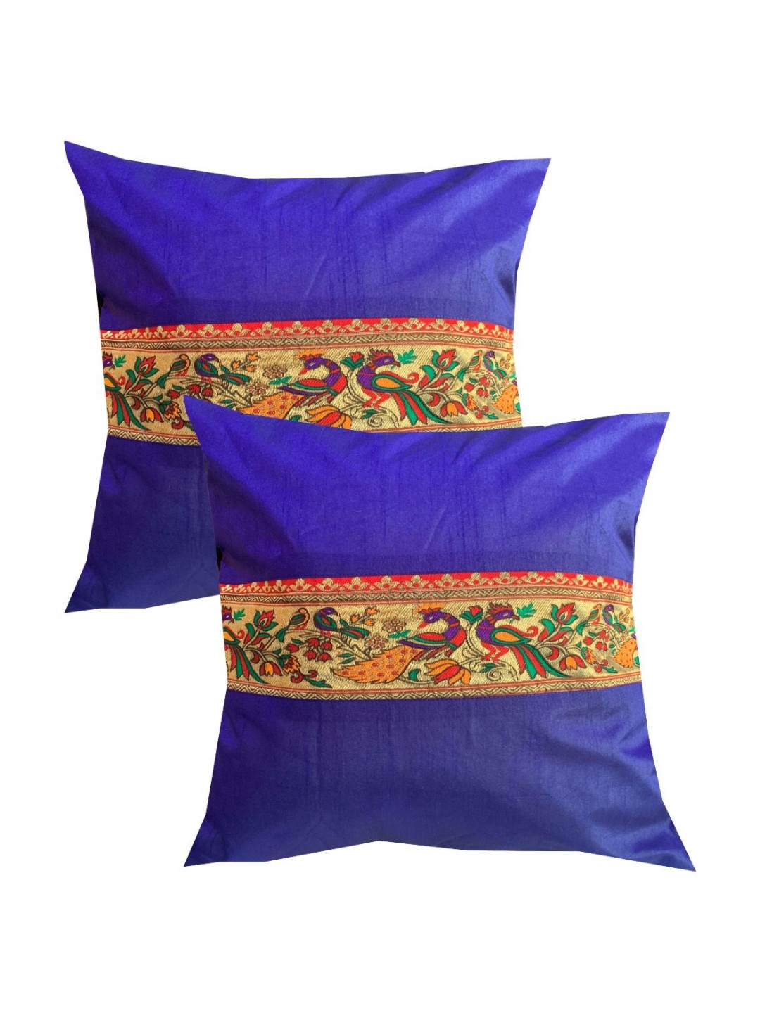 

Pink Parrot Blue & Gold Toned 2 Pieces Ethnic Motifs Zari Work Square Cushion Covers