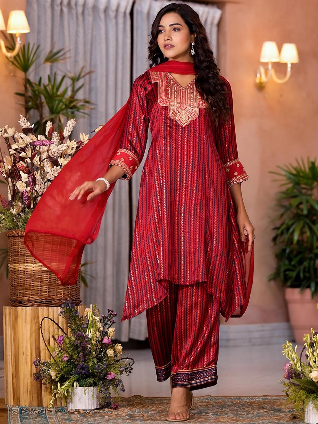 

Juniper Geometric Printed Mirror Work A-Line Kurta With Trousers & Dupatta, Red