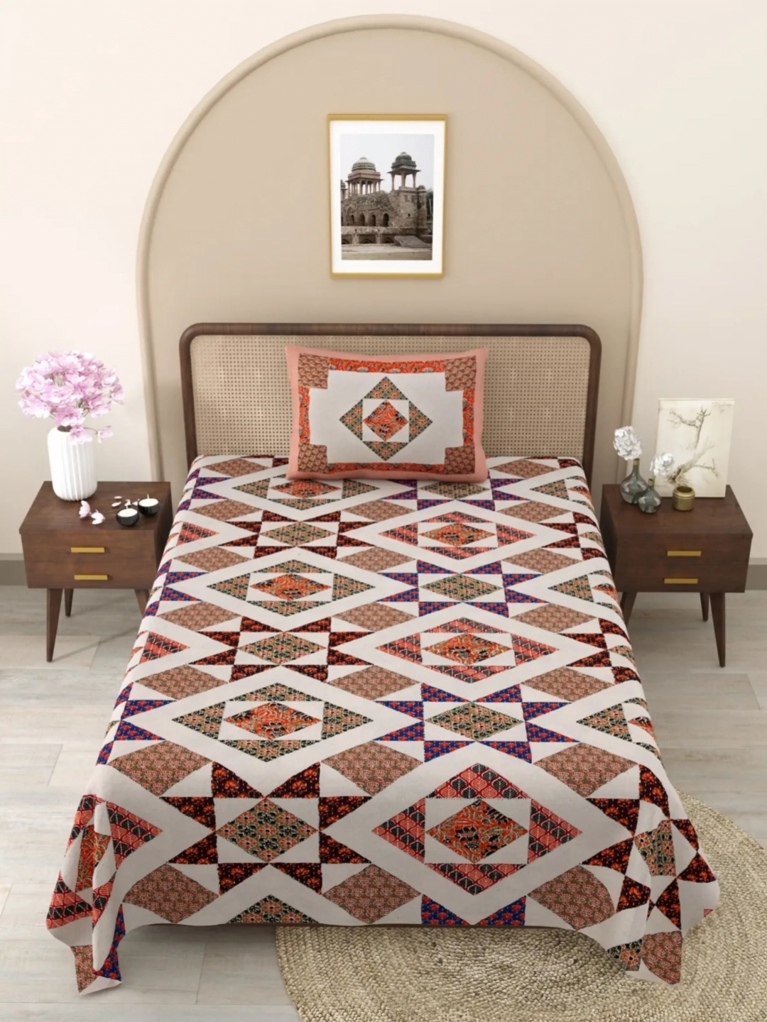 

LIVING ROOTS Off White Ethnic Motifs Cotton 144 TC Single Bedsheet with 1 Pillow Cover