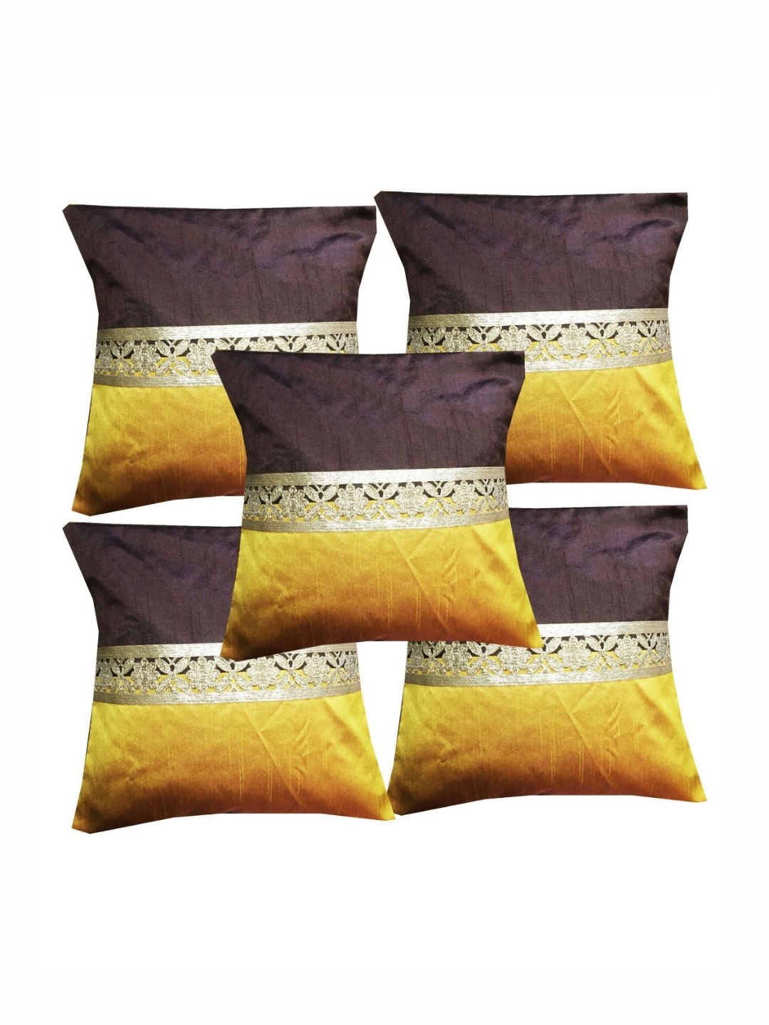 

Pink Parrot Yellow & Brown 5 Pieces Colourblocked Jacquard Silk Square Cushion Covers