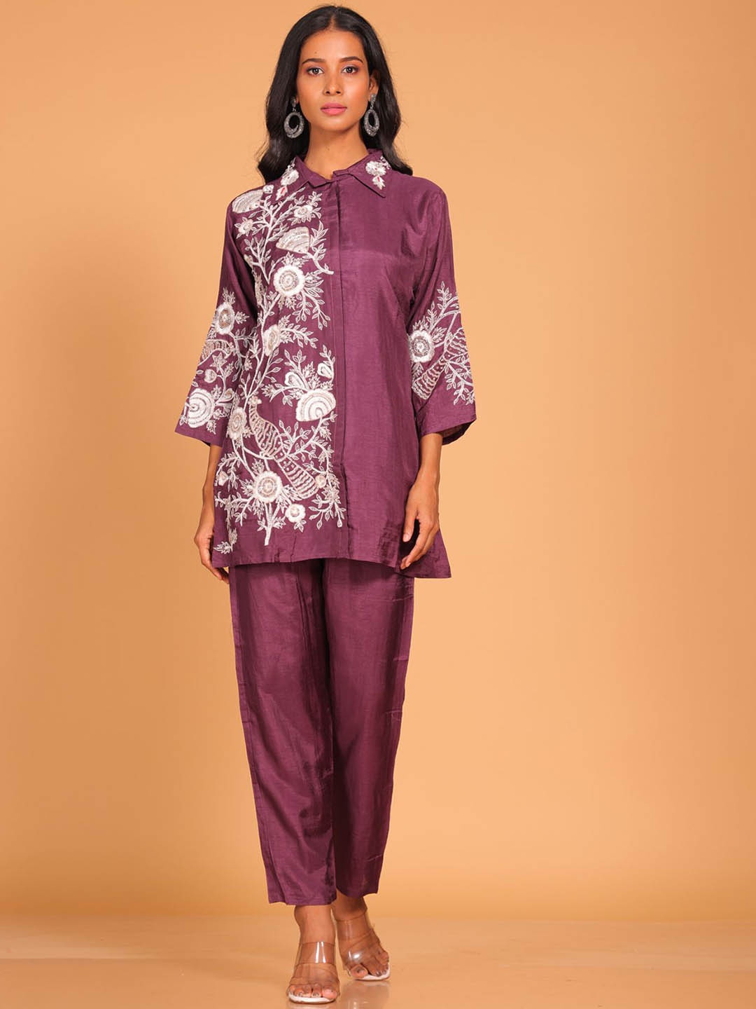 

Morchari Floral Embroidered Pure Silk Tunic with Trousers, Maroon