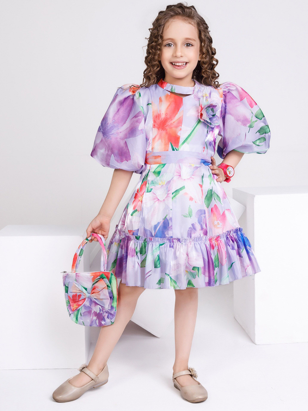 

Peppermint Girls Floral Printed Fit and Flare Dress, Purple