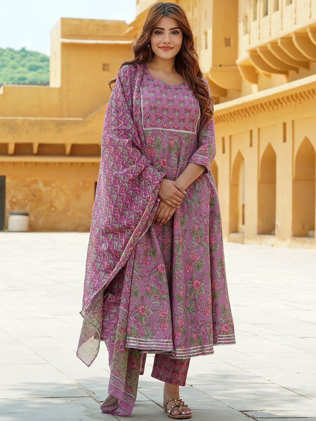 

KALINI Floral Printed Gotta Patti Pure Cotton Anarkali Kurta With Trousers & Dupatta, Mauve