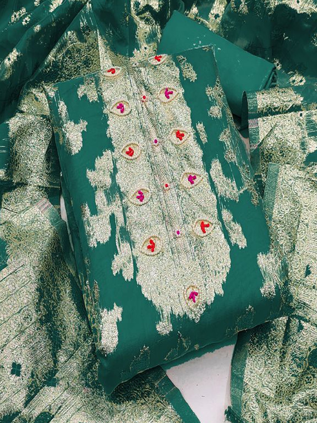 

ASISA Floral Woven Design Beads and Stones Organza Unstitched Dress Material, Turquoise blue