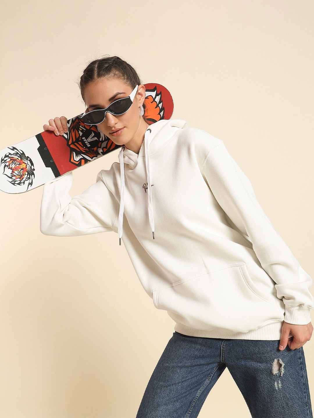 

PockMAN Women Solid Hooded Antimicrobial Sweatshirt, White