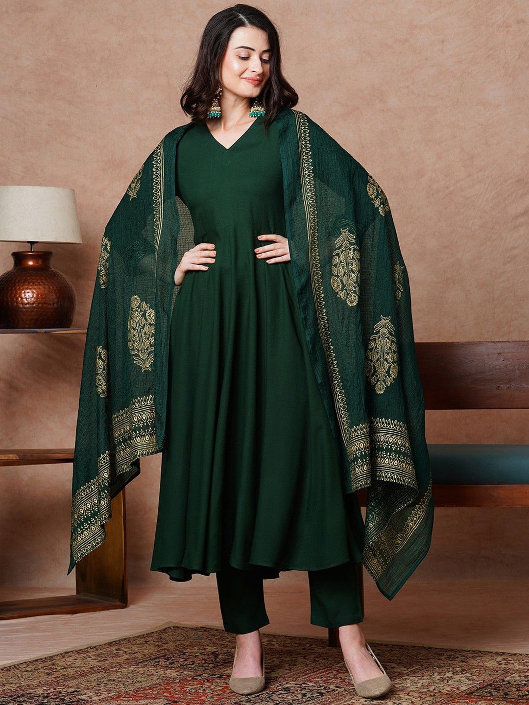

Anni Designer V-Neck Regular Viscose Rayon Anarkali Kurta With Trousers With Dupatta, Green