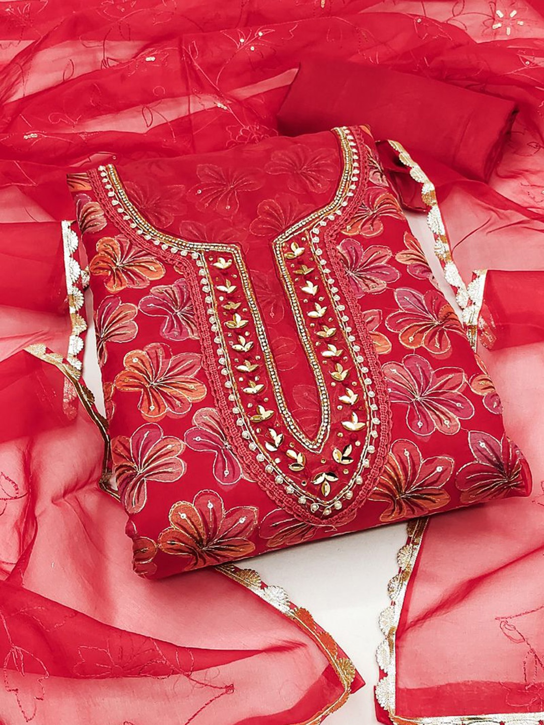 

ASISA Floral Embroidered Beads and Stones Organza Unstitched Dress Material, Red