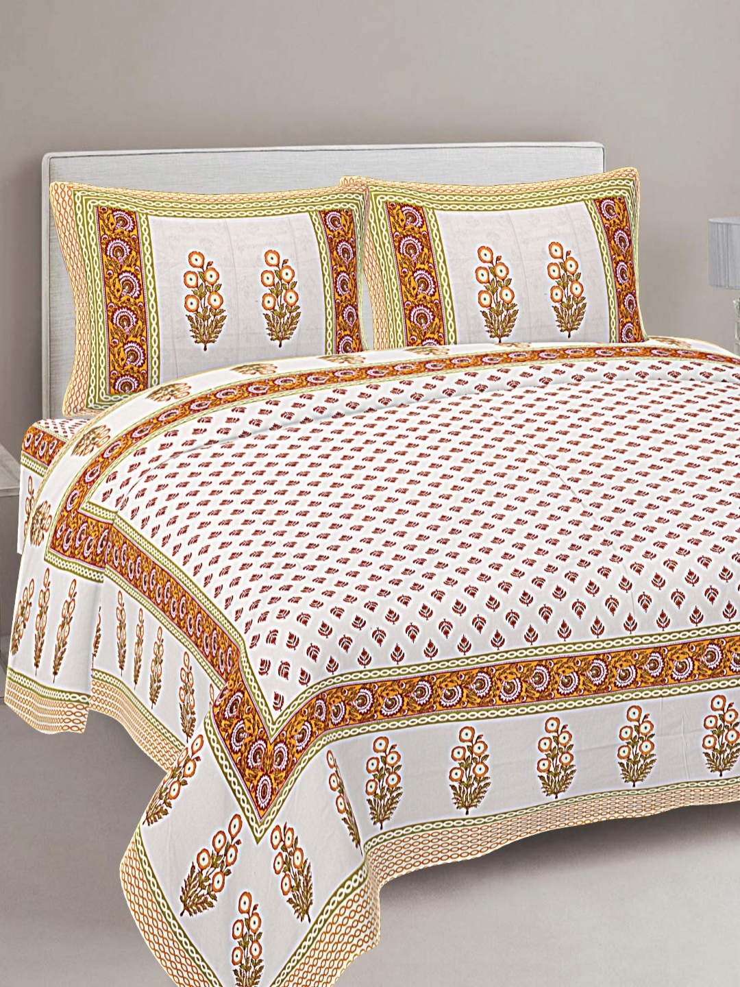 

FrionKandy Living Yellow & White Printed Cotton 180 TC King Bedsheet With 2 Pillow Covers