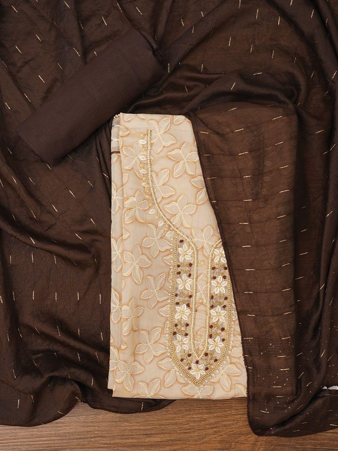 

Jaipur Kurti Floral Printed Embellished Cotton Dress Material with Dupatta, Beige