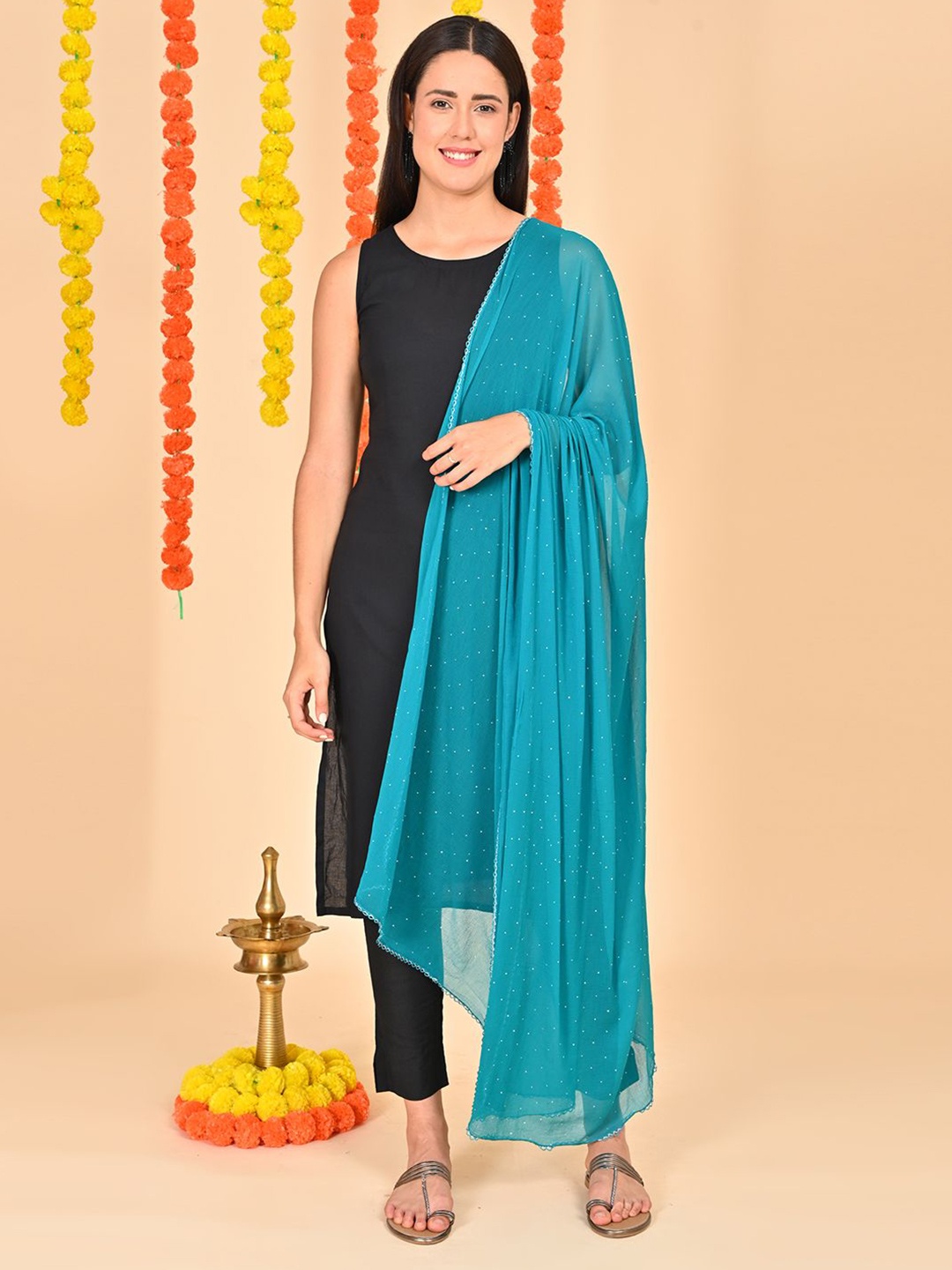

HELLA FASHIONS Polka Dots Printed Chiffon Dupatta, Teal