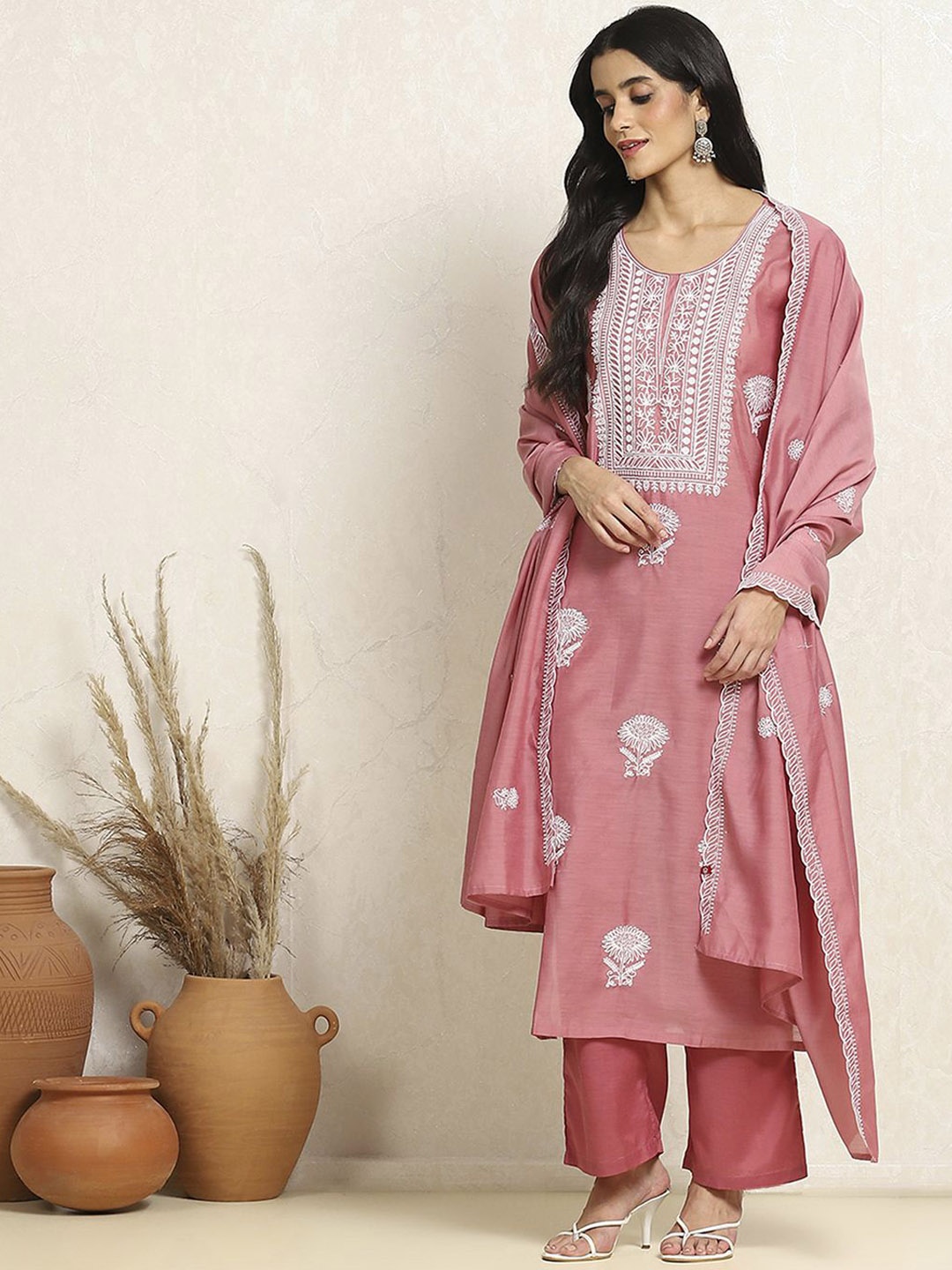 

Biba Floral Embroidered Unstitched Dress Material, Pink