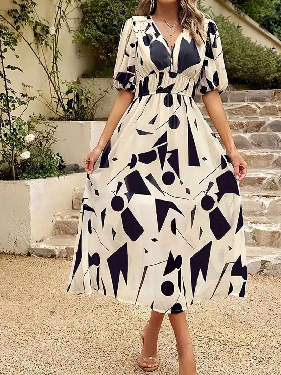 

LULU & SKY Print Fit & Flare Midi Dress, Beige