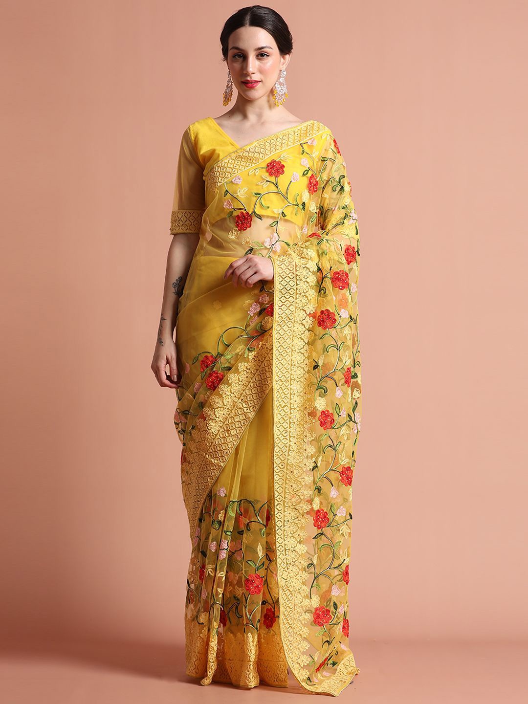 

Jaipur Kurti Heavy Floral Embroidered Net Party Wear Saree, Yellow