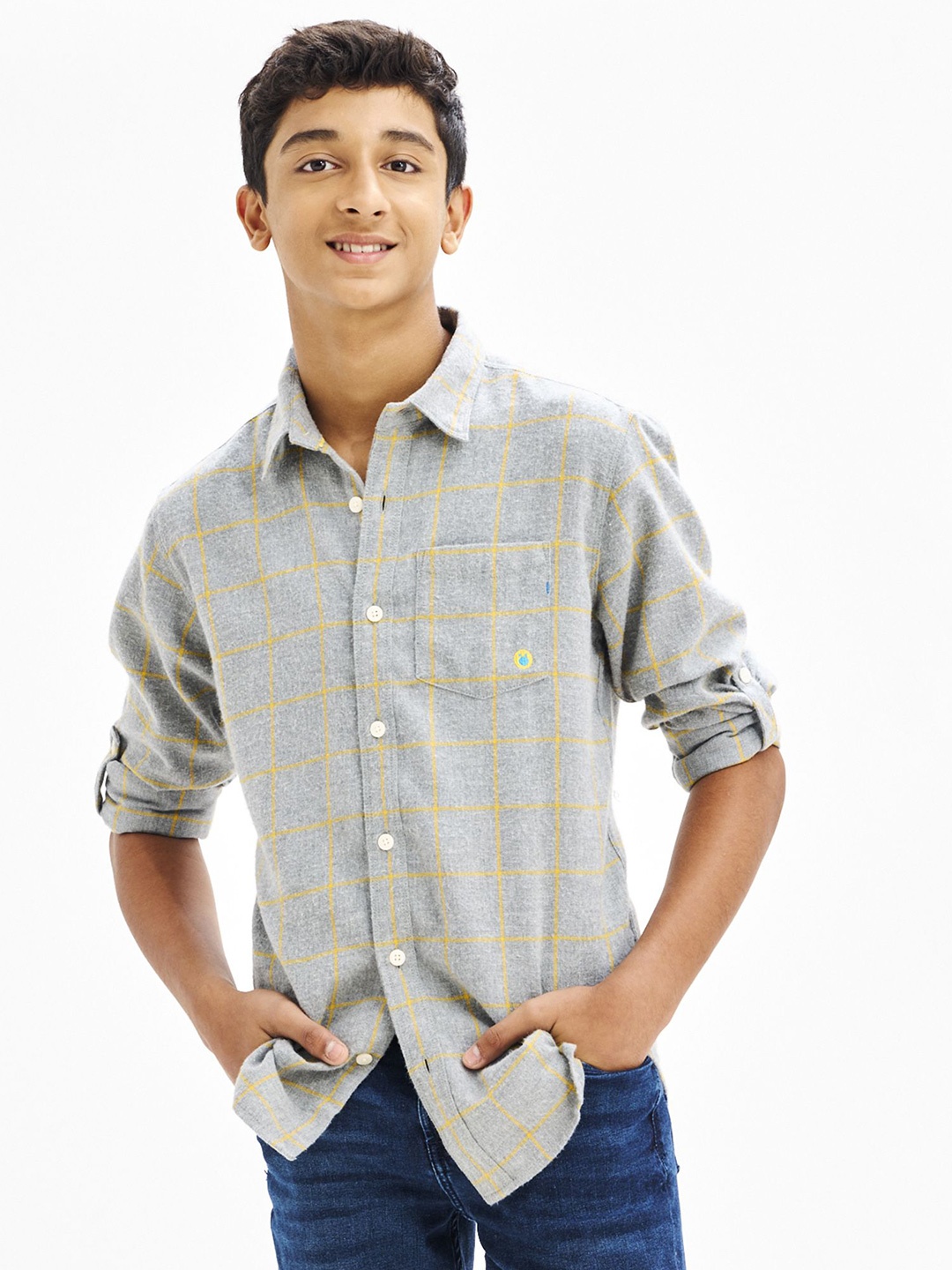 

NO MONDAYS Boys Relaxed Spread Collar Checked Cotton Casual Shirt, Grey