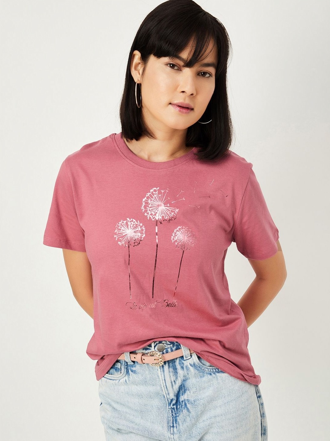 

max Women Floral Printed Round Neck Cotton T-shirt, Pink