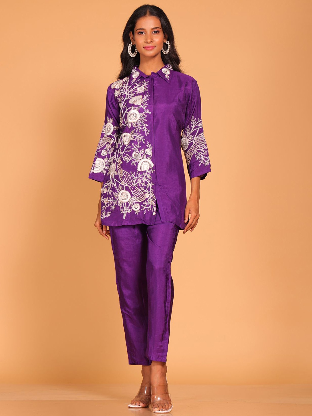 

Morchari Floral Embroidered Pure Silk Tunic with Trousers, Purple