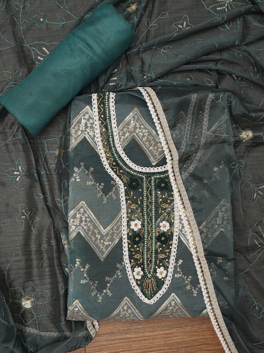 

Jaipur Kurti Sequin Embroidered Organza Dress Material with Dupatta, Green