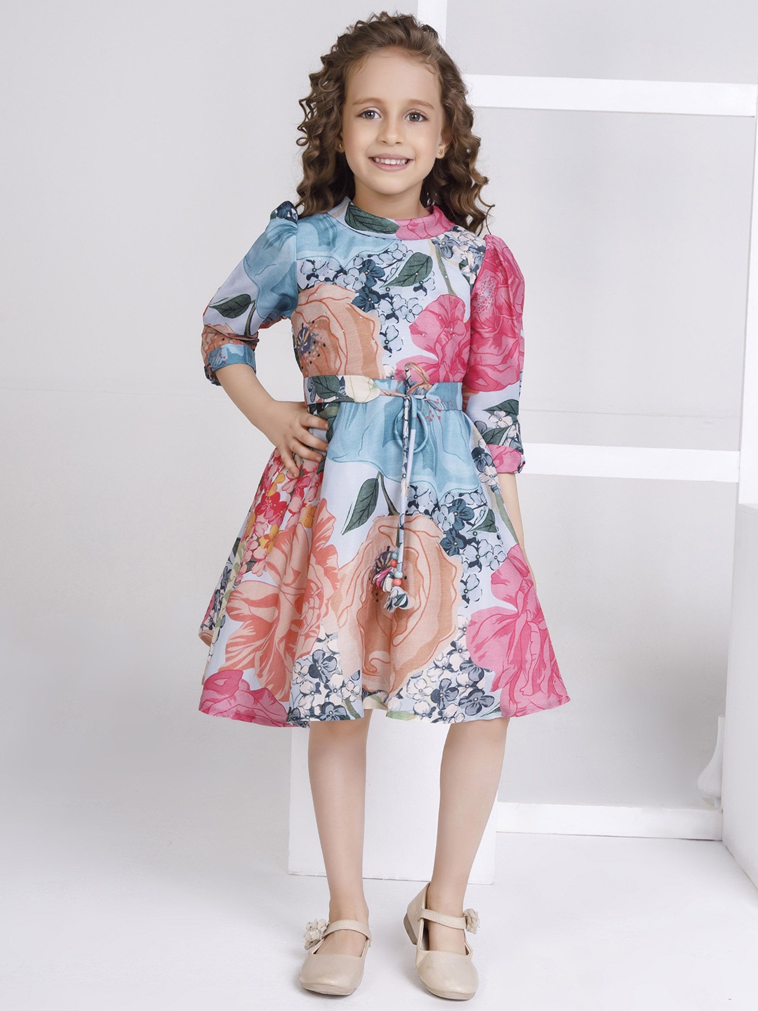 

Peppermint Girls Floral Printed Tie-Ups Fit & Flare Dress, Blue