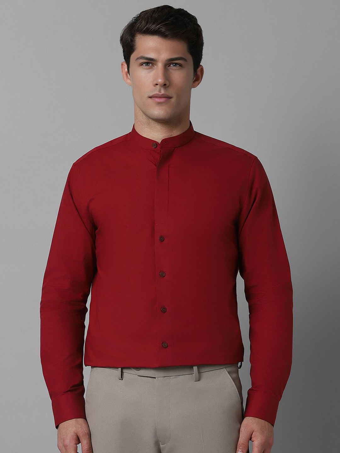 

Louis Philippe Men Band Collar Solid Cotton Slim Fit Formal Shirt, Red