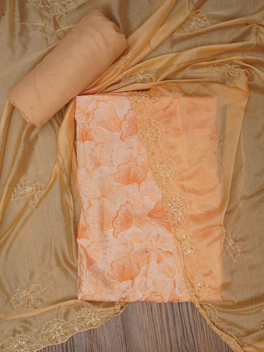 

Jaipur Kurti Sequin Embellished Floral Printed Cotton Dress Material with Dupatta, Beige