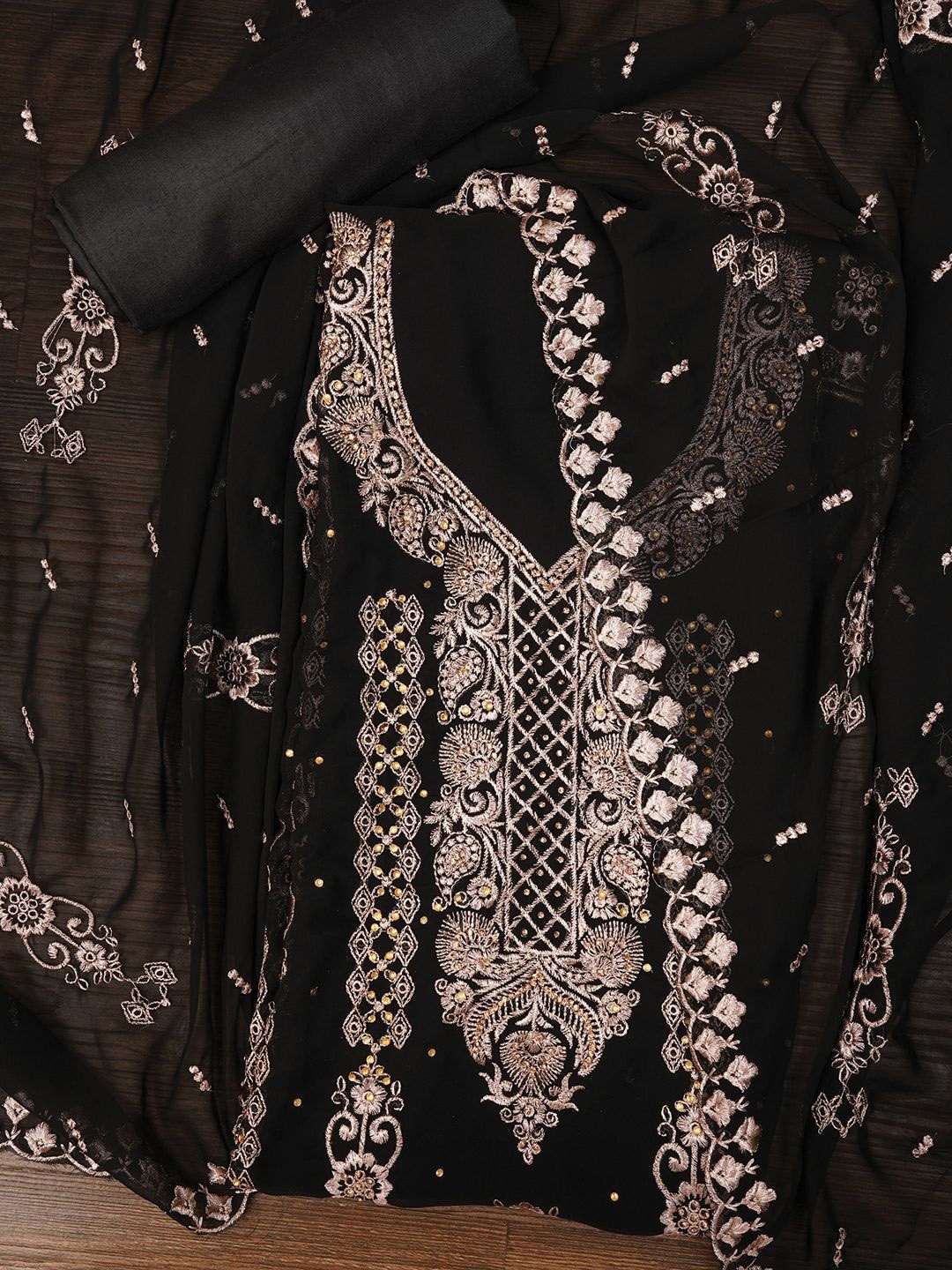 

Jaipur Kurti Zari Silk Georgette Dress Material with Dupatta, Black