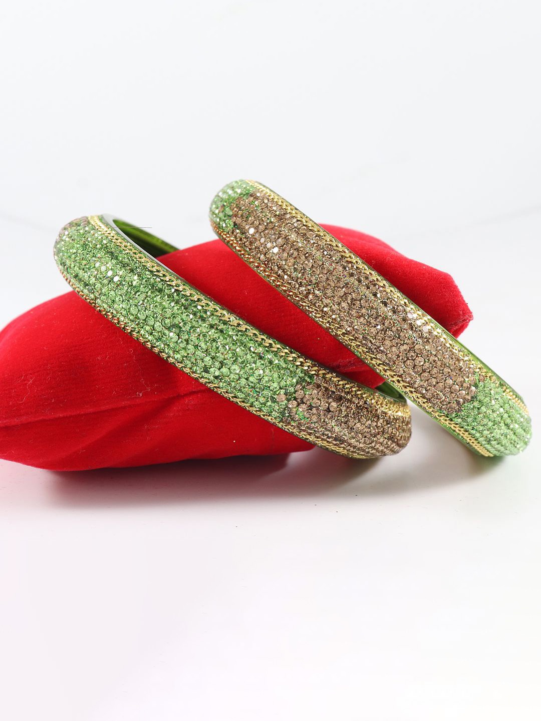 

ZULKA Set Of 2 Zircon Gemstone Studded Linked Kada Glass Bangles, Green