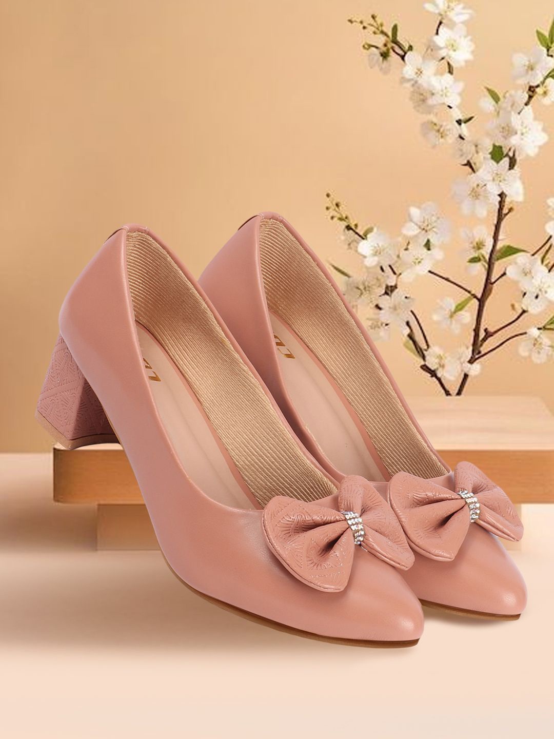 

Colo Women Block Heels Pumps with Bows, Peach