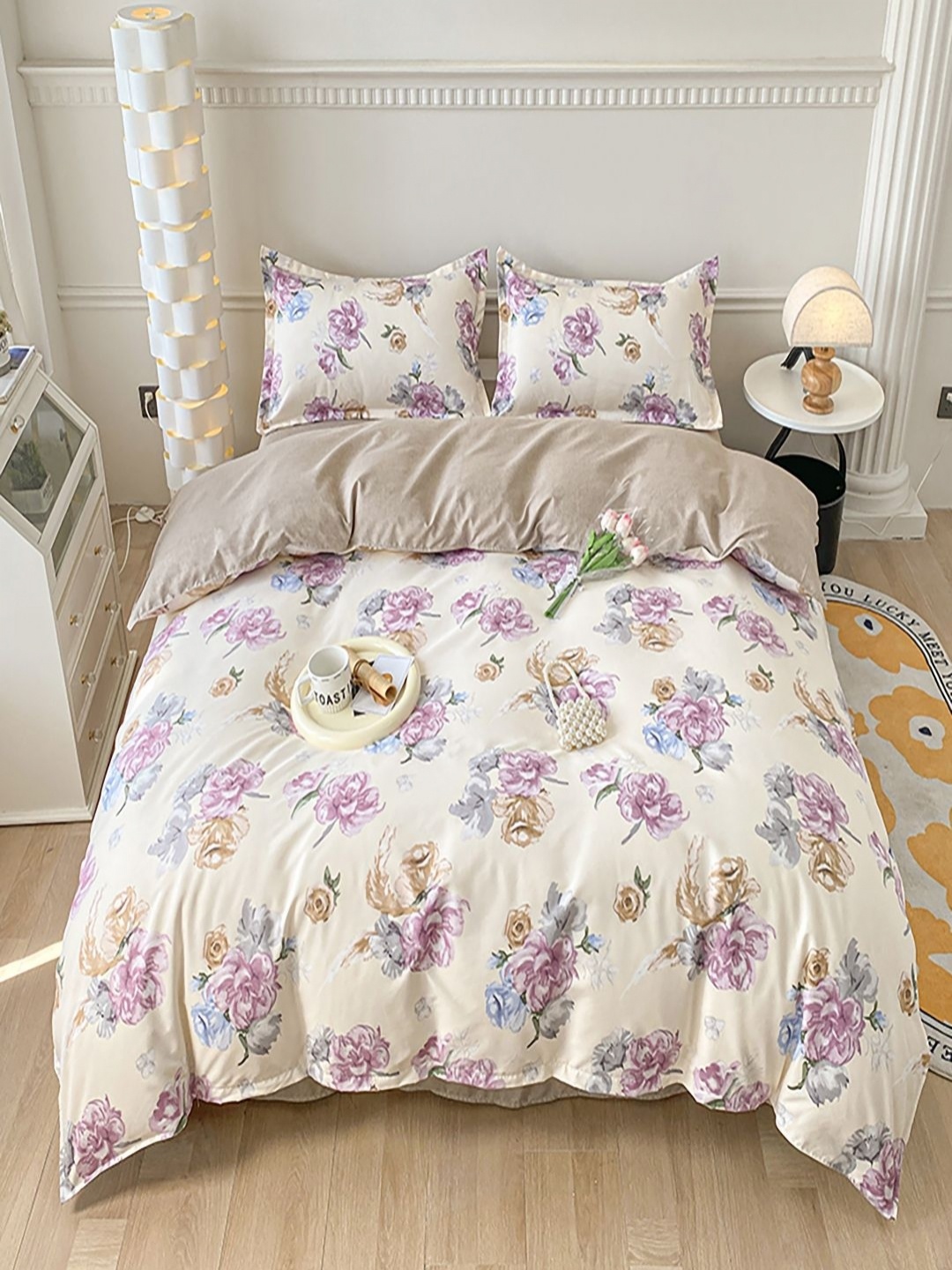 

JC HOME Khaki & White Floral Polycotton 4 Piece Double Queen Regular Bedding Set