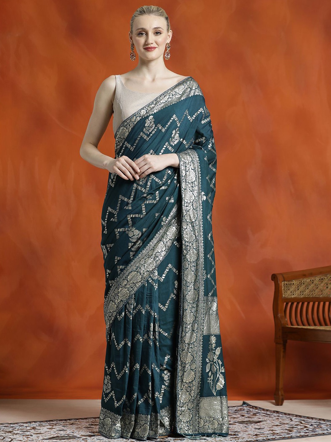 

Jaipur Kurti Silk Blend Zari Woven Design Banarasi Saree, Teal