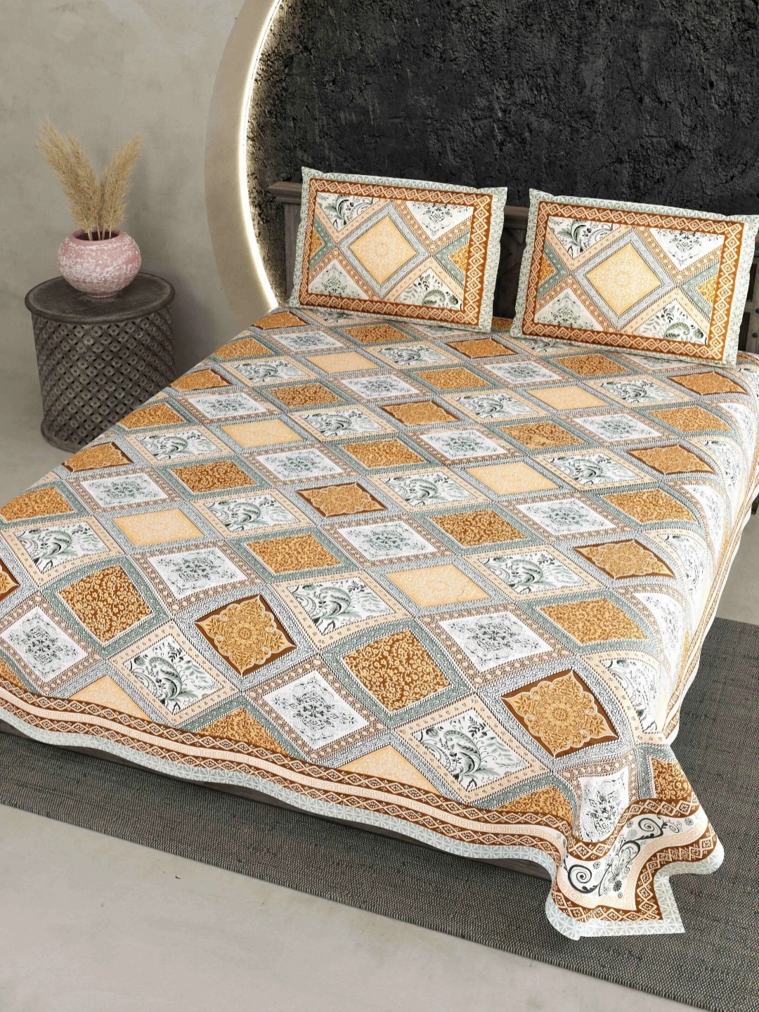 

LIVING ROOTS Beige & White Floral Cotton 210 TC King Bedsheet with 2 Pillow Covers