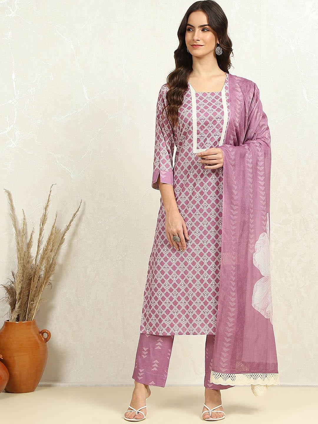 

Biba Floral Printed Pure Cotton Unstitched Dress Material, Purple