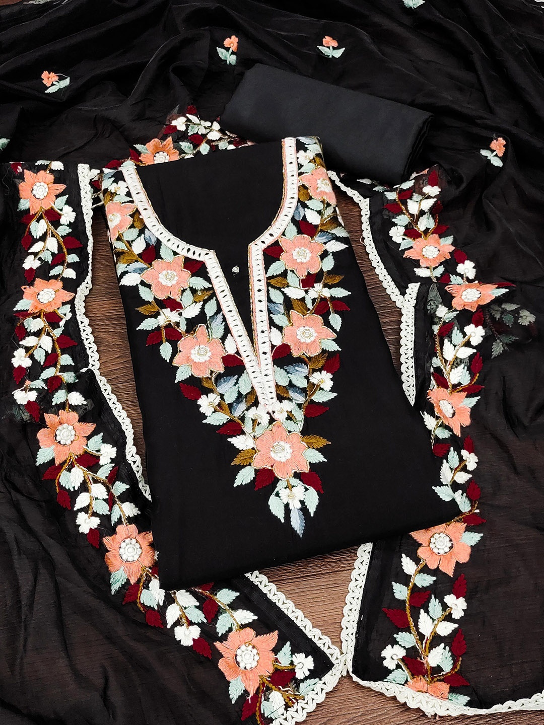 

Maroosh Floral Embroidered Unstitched Dress Material, Black