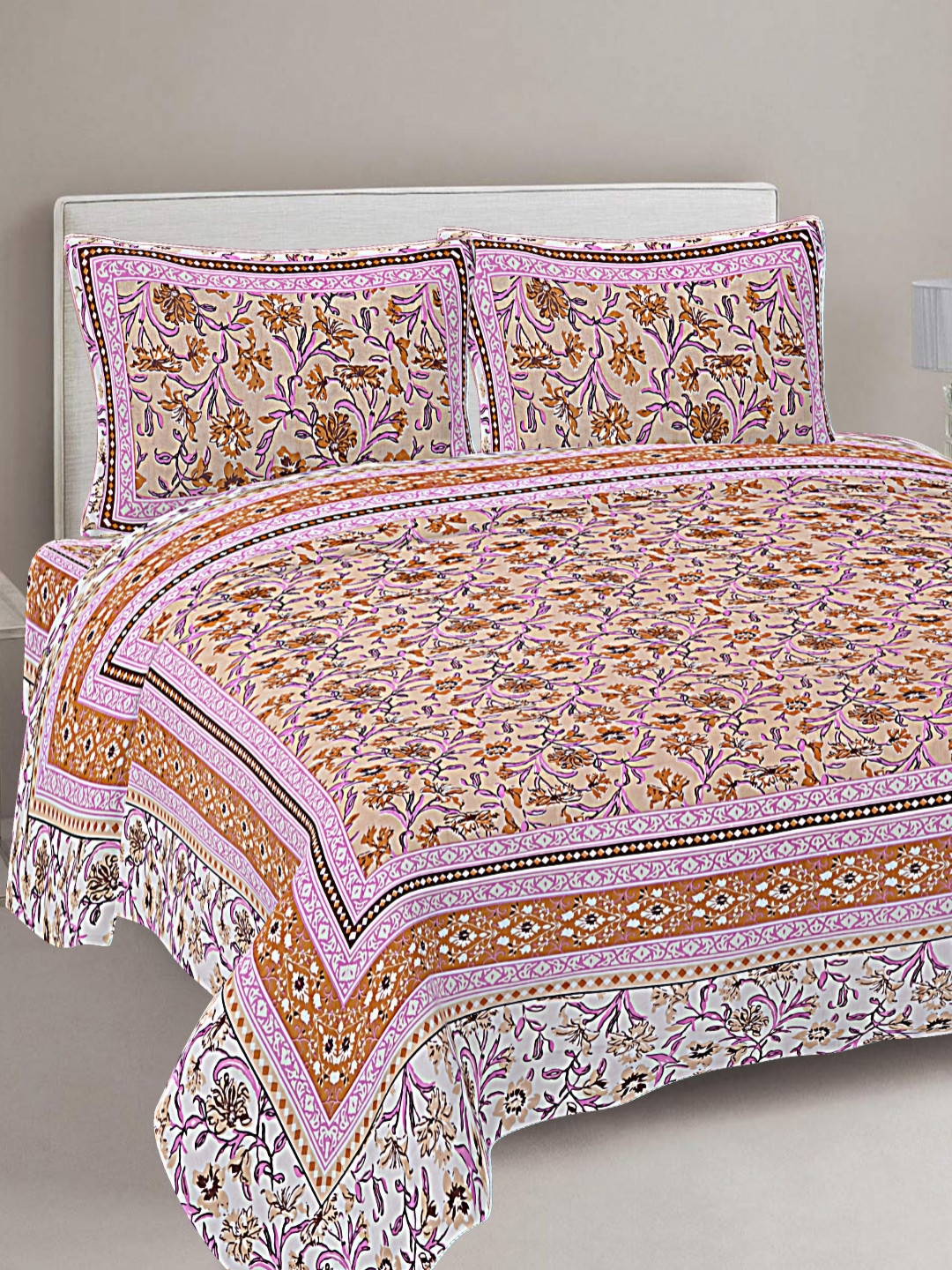 

FrionKandy Living Pink & Orange Printed Cotton 180 TC King Bedsheet With 2 Pillow Covers