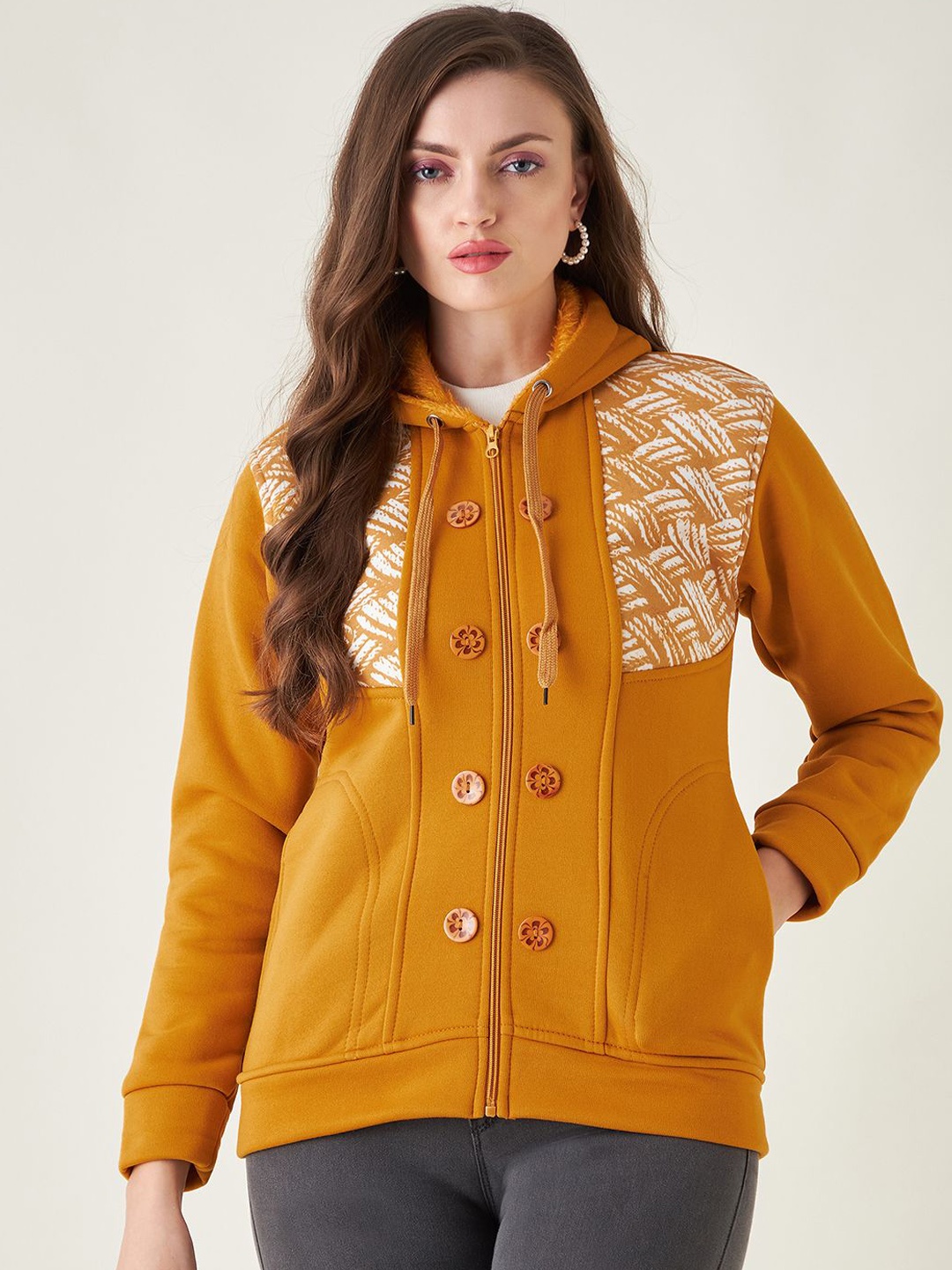 

PIVL Women Abstract Printed Windcheater Hooded Jacket, Mustard