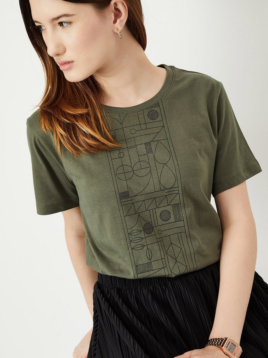 

max Women Graphic Printed Round Neck Cotton T-shirt, Green