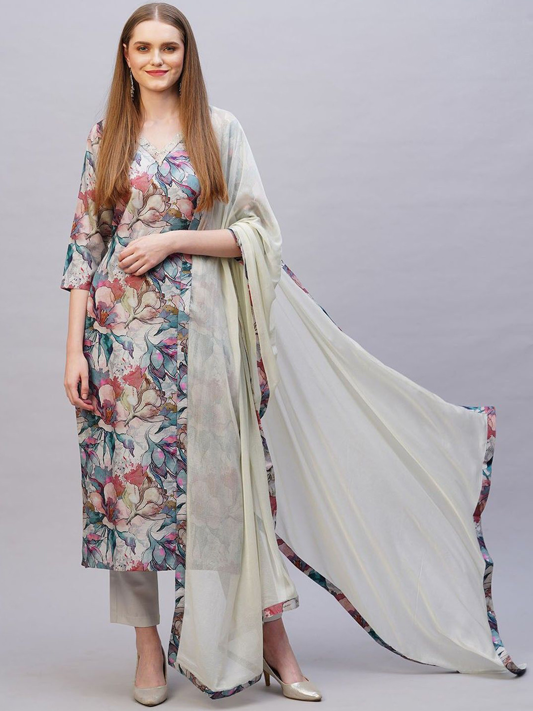 

Anni Designer Floral Printed Regular Straight Kurta with Trousers & Dupatta, Grey