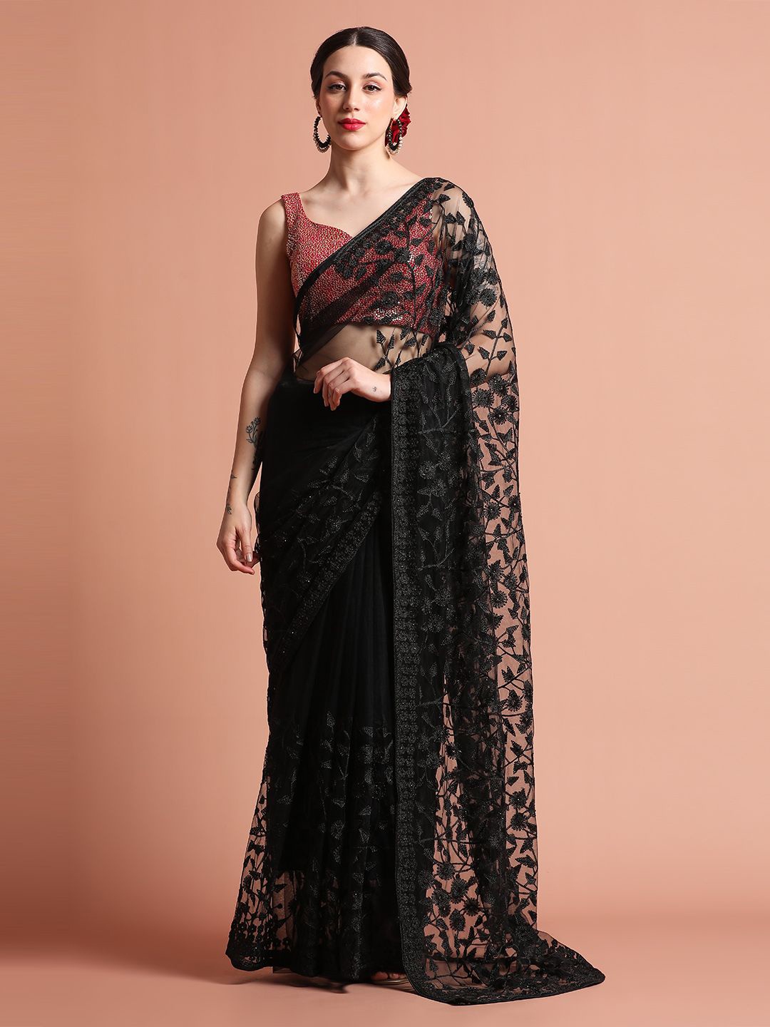 

Jaipur Kurti Party Wear Floral Embroidered Net Saree, Black