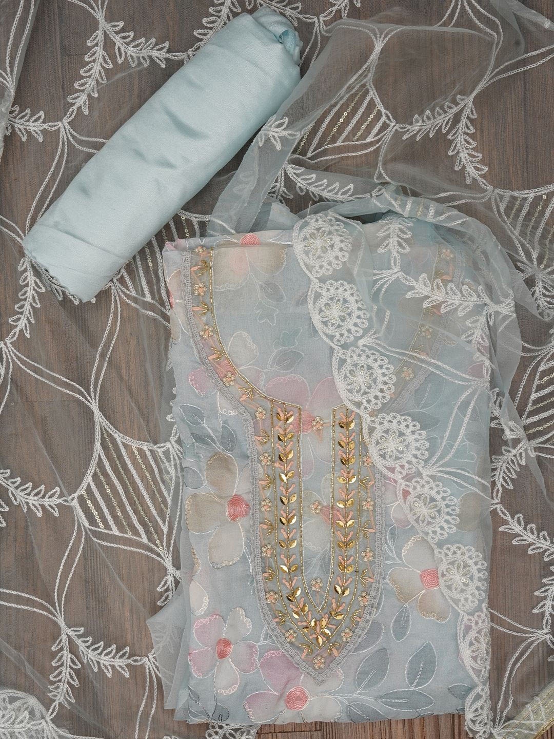 

Jaipur Kurti Floral Embroidered Organza Dress Material with Dupatta, Sea green