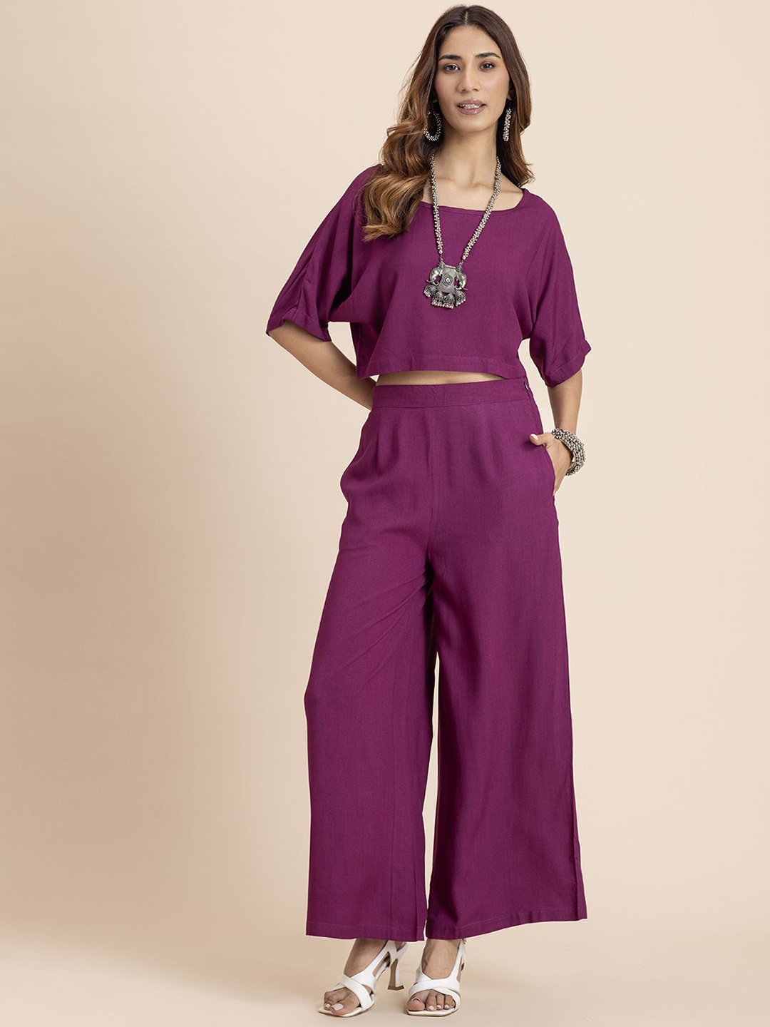

Moomaya Round Neck Boxy Fit Top With Palazzos, Magenta