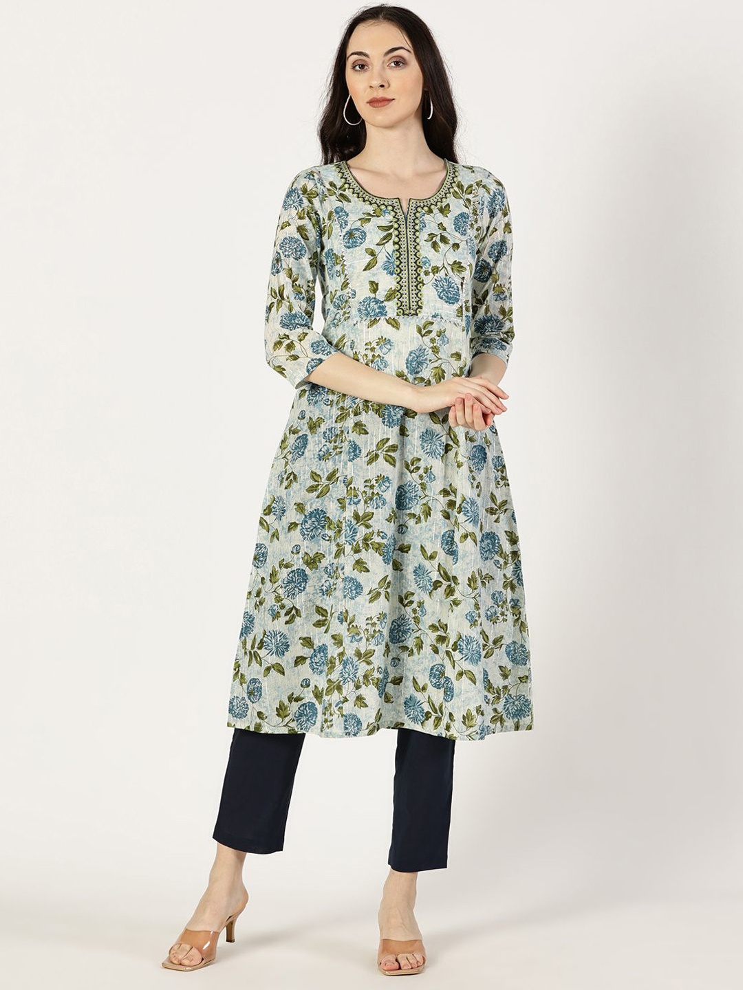 

Saffron Threads Floral Printed Mirror Work Pure Cotton A-Line Kurta, Blue