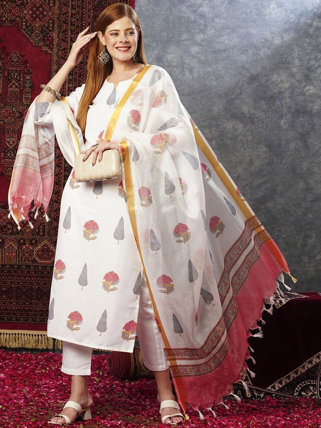 

Anni Designer Floral Printed Round Neck Regular Viscose Rayon Kurta & Trousers & Dupatta, White