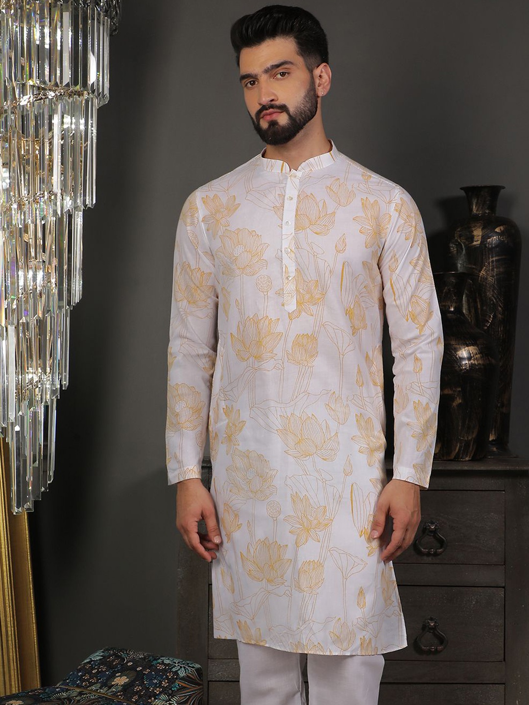 

DEYANN Ethnic Motifs Printed Mandarin Collar Cotton Straight Kurta, Yellow