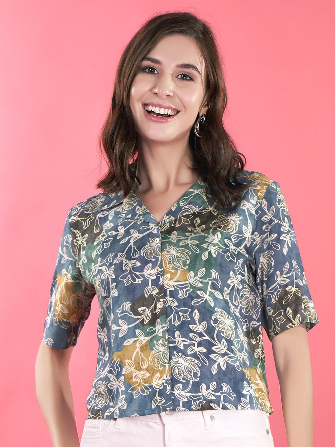 

Anouk Floral Print Shirt Style Crop Top, Blue